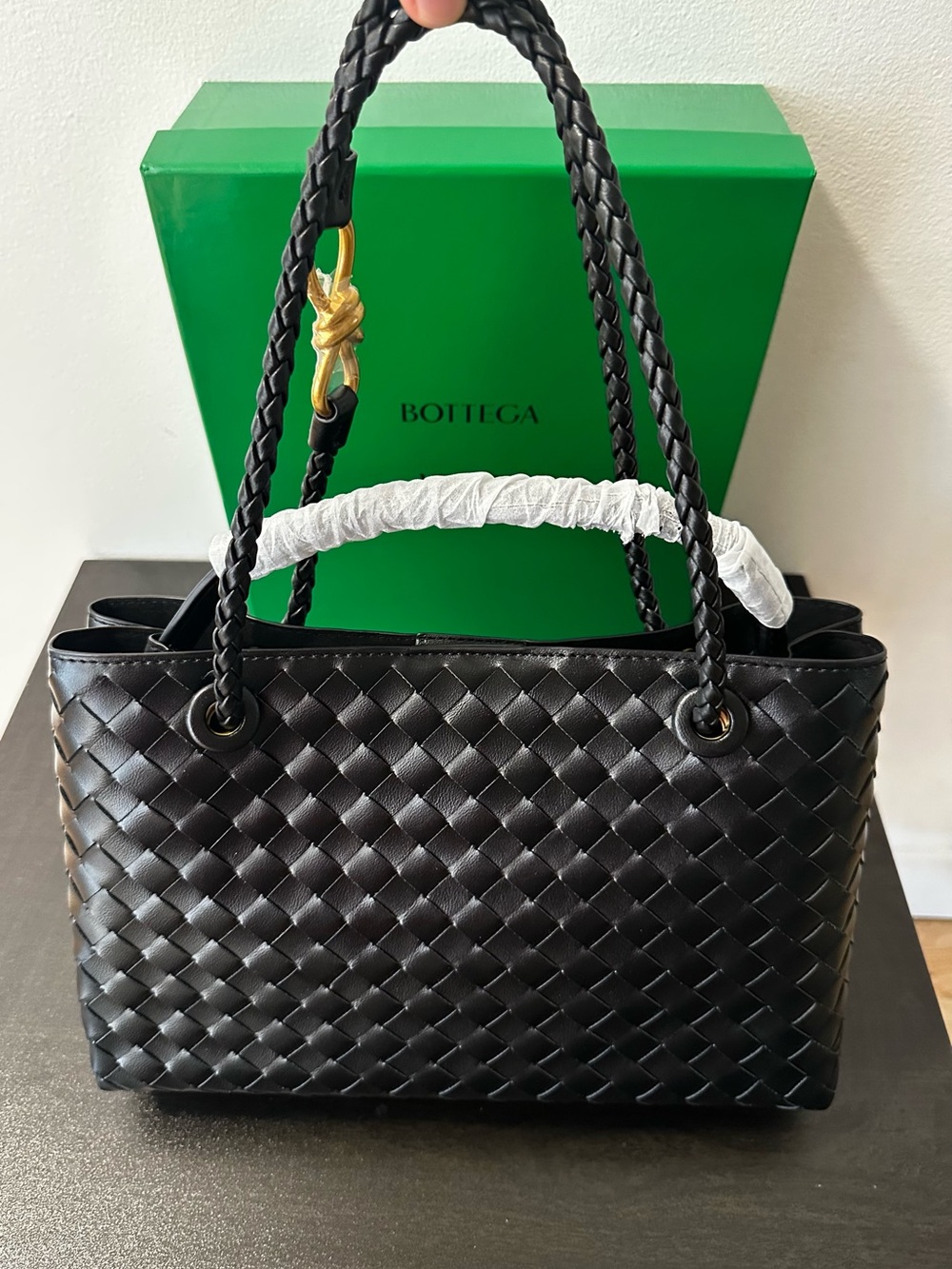 Woven Leather Tote Bag in Black